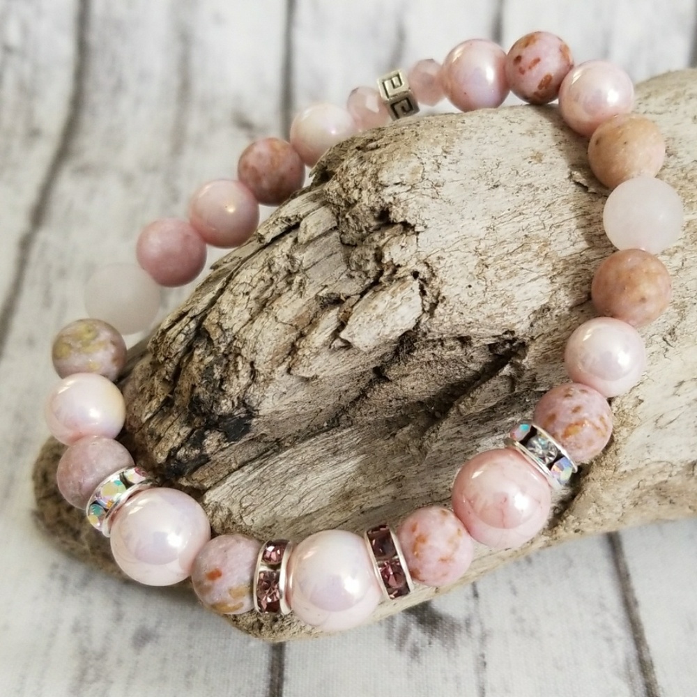 Pink crazy lace agate beaded stretch bracelet
